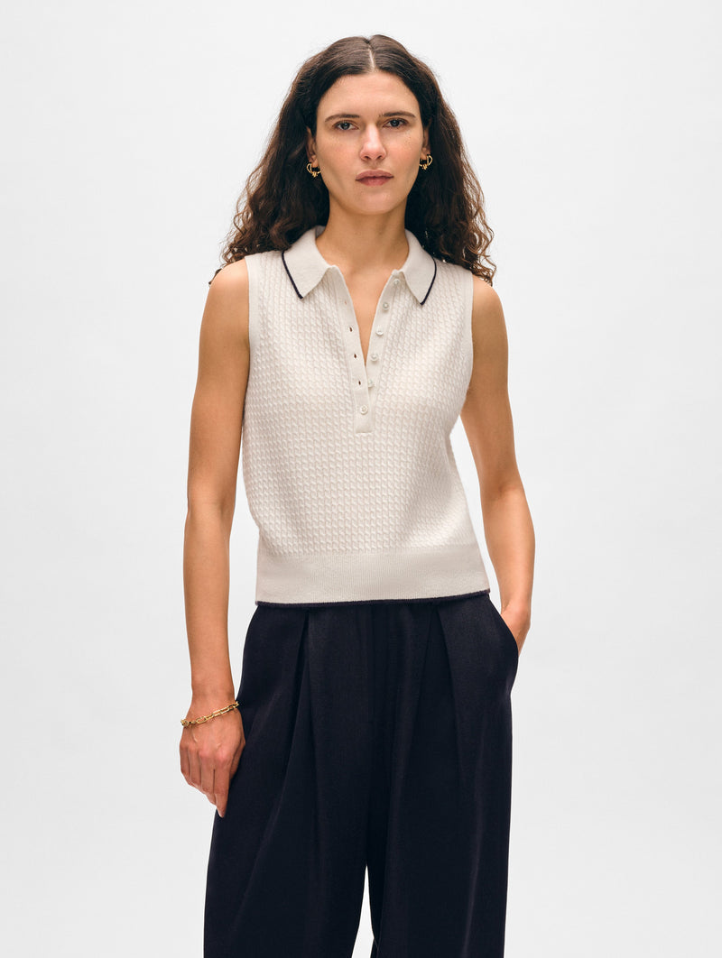 Cashmere Cable Sleeveless Polo